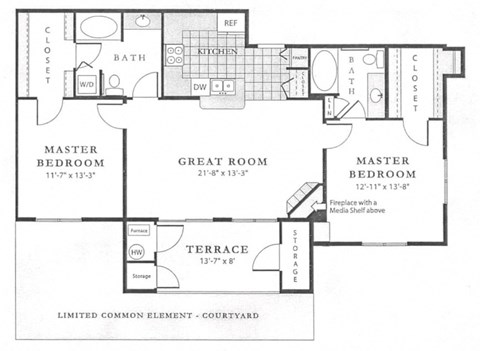 The Clifton Floor Plan; A two bedroom, two bathroom apartment floor plan at Fox Run Lofts in Englewood, Colorado